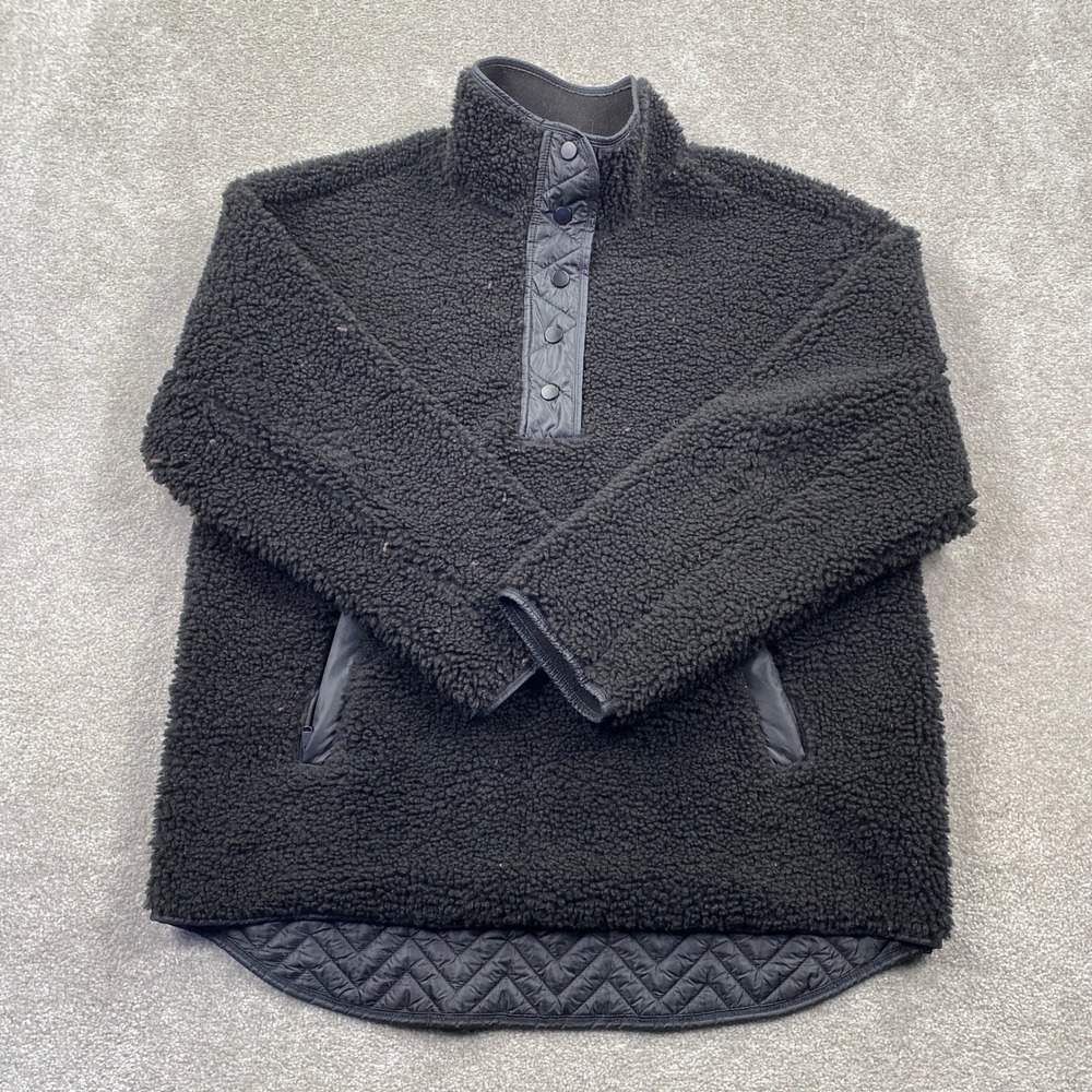 Athleta Sherpa Fleece Snap Neck Pullover Jacket Black Size L Quilted‎ Trim